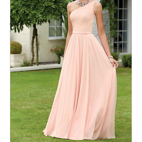 

A-Line One Shoulder Floor Length Chiffon Bridesmaid Dress with Pleats