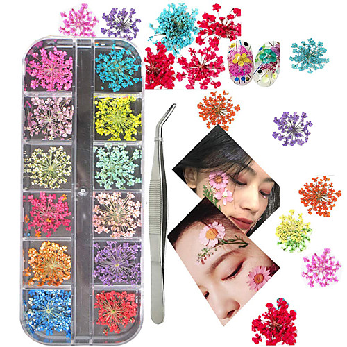 

3D Nail Art Decoration Kits 24pcs 12 Colors Nail Dried Flowers Decals Curved Tweezers Polish Pressed Dry Flowers Water Decal Manicure Design Tools Set