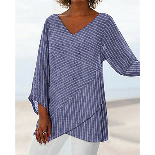 

Women's T shirt Striped Long Sleeve V Neck Tops Basic Top White Black Blue