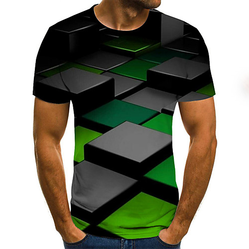 

Men's Plus Size Geometric Color Block Pleated Print T-shirt Street chic Weekend Round Neck Green / Summer / Short Sleeve