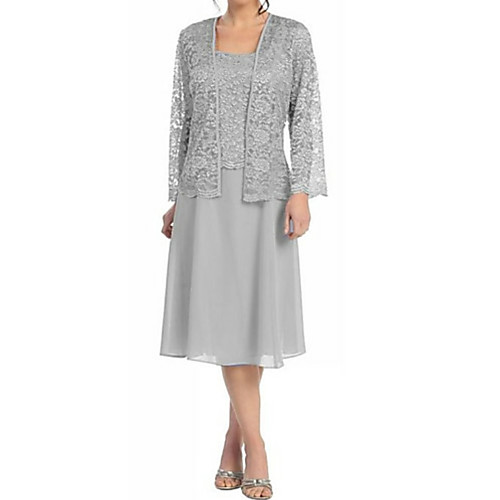 

A-Line Mother of the Bride Dress Elegant Plus Size Square Neck Tea Length Chiffon Lace Long Sleeve with Lace 2020