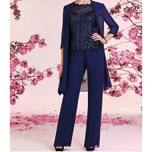 

Two Piece Pantsuit / Jumpsuit Mother of the Bride Dress Wrap Included Scalloped Neckline Floor Length Chiffon Sequined 3/4 Length Sleeve with Ruching 2021