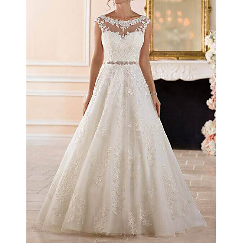 

A-Line Wedding Dresses Bateau Neck Sweep / Brush Train Lace Cap Sleeve Glamorous See-Through Illusion Detail with Sashes / Ribbons Beading Appliques 2021