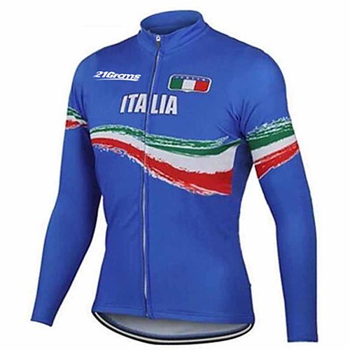 

21Grams Italy National Flag Men's Long Sleeve Cycling Jersey - Blue Bike Jersey Top Thermal / Warm UV Resistant Breathable Sports Winter Fleece 100% Polyester Mountain Bike MTB Road Bike Cycling