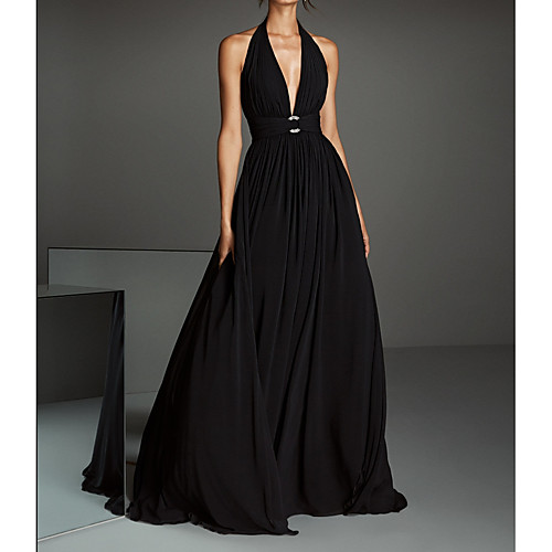 

A-Line Open Back Formal Evening Dress Halter Neck Sleeveless Court Train Chiffon with Pleats 2021