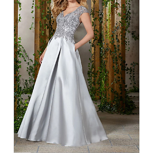 

A-Line Mother of the Bride Dress Elegant & Luxurious V Neck Floor Length Lace Satin Short Sleeve with Appliques Ruching 2021