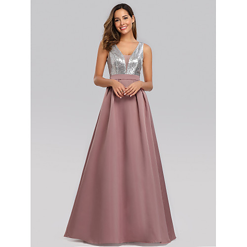 

A-Line Sparkle Prom Formal Evening Dress V Neck Sleeveless Floor Length Satin Sequined with Sequin 2021