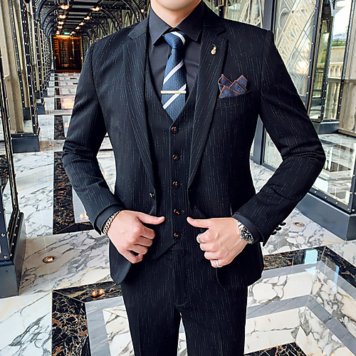 

Black / Chocolate / Gray Striped Slim Fit Polyester Suit - Notch Single Breasted One-button / Suits