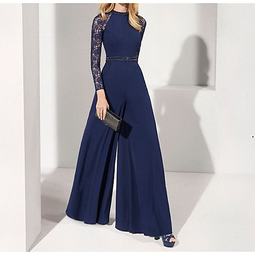 

Jumpsuits Elegant Blue Wedding Guest Formal Evening Dress Jewel Neck Long Sleeve Floor Length Chiffon with Sash / Ribbon Beading 2020