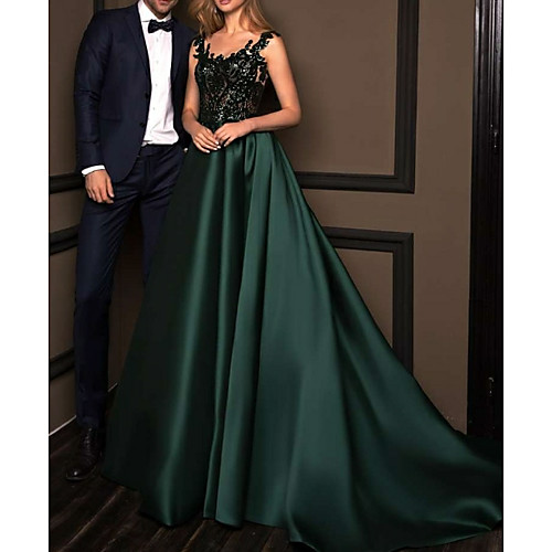 

A-Line Beautiful Back Formal Evening Dress Plunging Neck Sleeveless Sweep / Brush Train Lace Satin with Pleats Lace Insert 2021