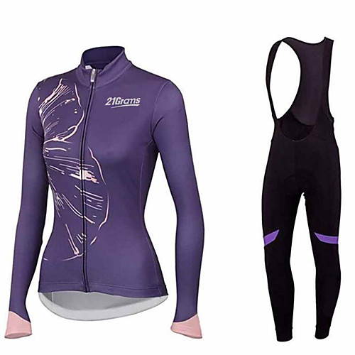 

21Grams Floral Botanical Women's Long Sleeve Cycling Jersey with Bib Tights - Violet Blue Pink Bike Clothing Suit Thermal Warm Breathable Quick Dry Sports Winter Terylene Polyester Taffeta Mountain