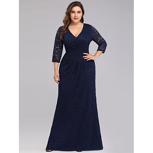 

Sheath / Column Plus Size Wedding Guest Formal Evening Dress V Neck 3/4 Length Sleeve Floor Length Lace with Draping Lace Insert 2021