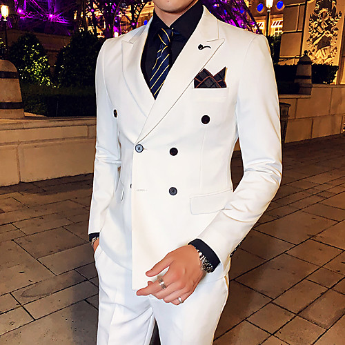 

White / Black / Blue Solid Colored Slim Fit Polyester Suit - Notch Double Breasted Four-buttons
