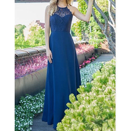 

A-Line Halter Neck Maxi Chiffon Bridesmaid Dress with Appliques / Ruching