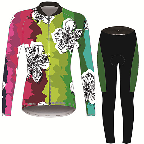 

21Grams Floral Botanical Women's Long Sleeve Cycling Jersey with Tights - Black / Green Bike Clothing Suit Thermal / Warm Breathable Quick Dry Sports Winter Terylene Polyester Taffeta Mountain Bike