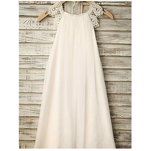 

A-Line Tea Length Wedding / Holiday Flower Girl Dresses - Chiffon / Satin Sleeveless Jewel Neck with Lace