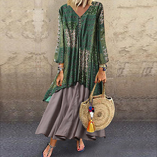 

Women's Maxi Shift Dress - Long Sleeve Geometric Patchwork V Neck Basic Loose Green Light Blue M L XL XXL XXXL XXXXL XXXXXL