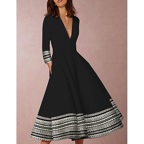 

Women's Swing Dress - 3/4 Length Sleeve Geometric Print Deep V Elegant Going out Black S M L XL XXL XXXL