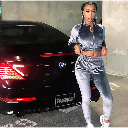 

Women's Tracksuit Streetwear Cropped hoodie / Crop hoodie Casual Long Sleeve Winter Velour Breathable Warm Soft Fitness Running Sportswear Solid Colored Hoodie and Pants Athleisure Wear Silvery