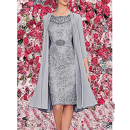 

Women's Two Piece Dress Knee Length Dress Wine Dark Blue Gray 3/4 Length Sleeve Solid Colored Paisley Formal Style Lace Fall Spring Round Neck Hot Elegant 2021 M L XL XXL 3XL