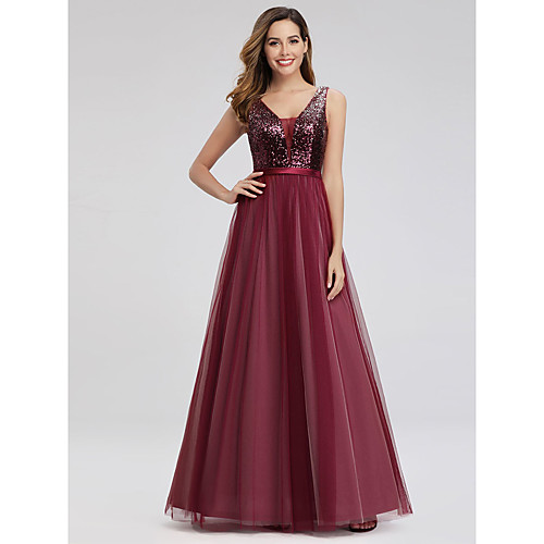 

A-Line Elegant & Luxurious Prom Dress Plunging Neck Sleeveless Floor Length Chiffon Sequined with Sequin 2021