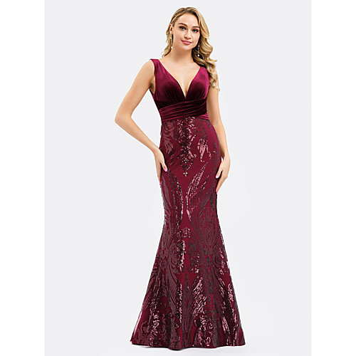 

Mermaid / Trumpet Sexy Engagement Formal Evening Dress V Neck Sleeveless Floor Length Sequined Velvet with Sequin Appliques 2021