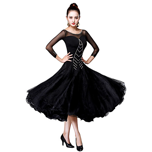 

Ballroom Dance Dress Lace Split Joint Crystals / Rhinestones Women's Training Performance 3/4 Length Sleeve Chinlon Mesh Spandex