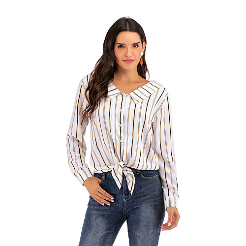 

Women's Striped Loose Shirt Basic Daily Shirt Collar White
