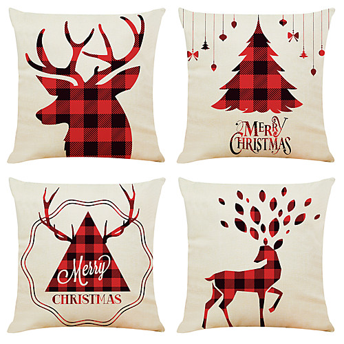 

Set of 4 Plaid Christmas Linen Square Decorative Throw Pillow Cases Sofa Cushion Covers 18x18