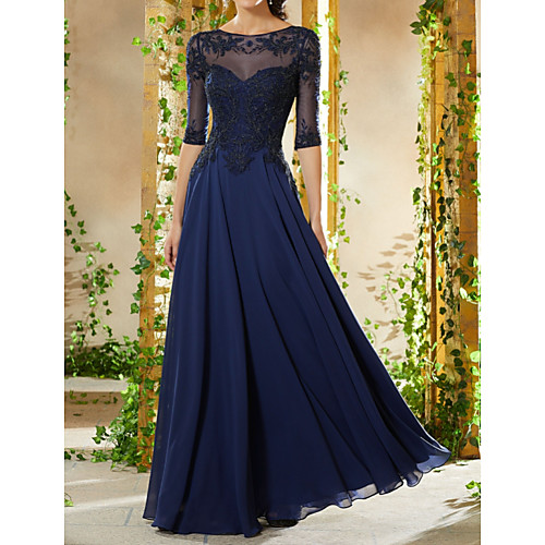 

A-Line Empire Blue Wedding Guest Formal Evening Dress Boat Neck Half Sleeve Floor Length Chiffon with Beading Appliques 2020