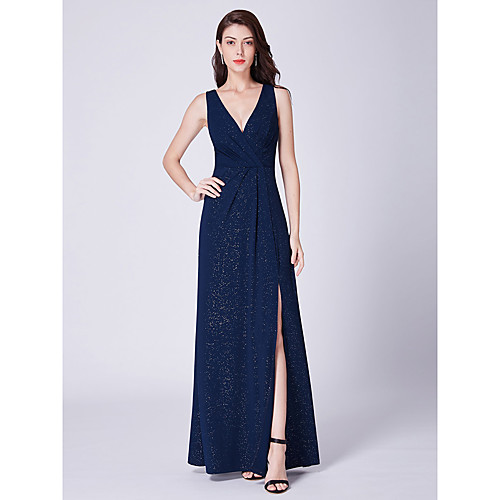 

A-Line Elegant Formal Evening Dress Plunging Neck Sleeveless Floor Length Cotton Blend with Split Front 2021