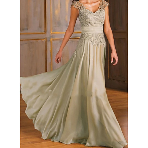 

A-Line Open Back Formal Evening Dress Plunging Neck Sleeveless Sweep / Brush Train Chiffon Lace with Lace Insert 2021