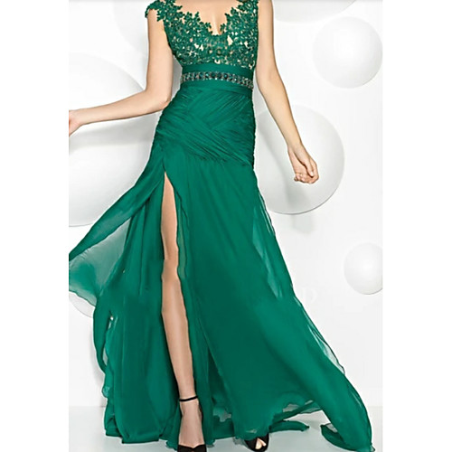 

Sheath / Column Sexy Engagement Formal Evening Dress V Neck Sleeveless Floor Length Chiffon Lace with Beading Split Appliques 2021