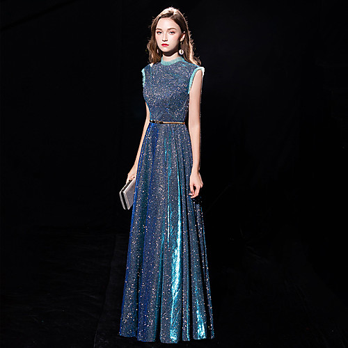 

A-Line Elegant Sparkle & Shine Formal Evening Dress High Neck Sleeveless Floor Length Tulle Sequined with Sash / Ribbon 2021
