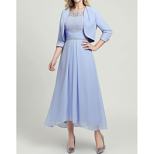 

Two Piece A-Line Mother of the Bride Dress Wrap Included Jewel Neck Ankle Length Chiffon 3/4 Length Sleeve with Lace Sash / Ribbon 2021