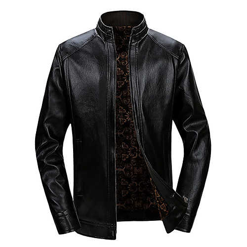 

Men's Solid Colored Winter Faux Leather Jacket Regular Daily Long Sleeve PU Coat Tops Black