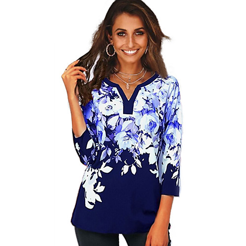 

Women's Plus Size Floral Print T-shirt Basic Daily V Neck Wine / Black / Blue / Purple