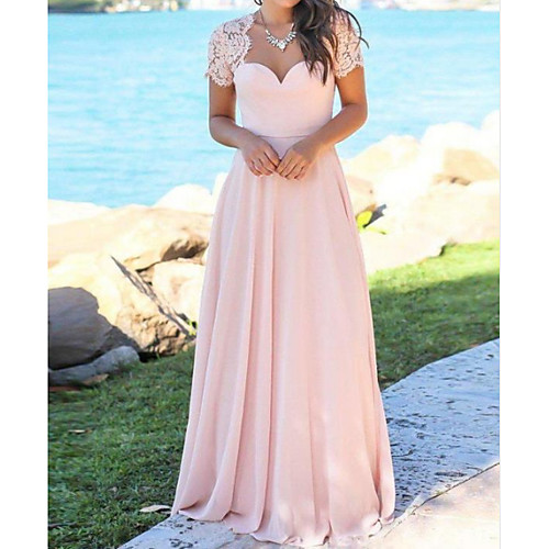 

A-Line Sweetheart Neckline Floor Length Chiffon / Lace Bridesmaid Dress with Pleats / Appliques