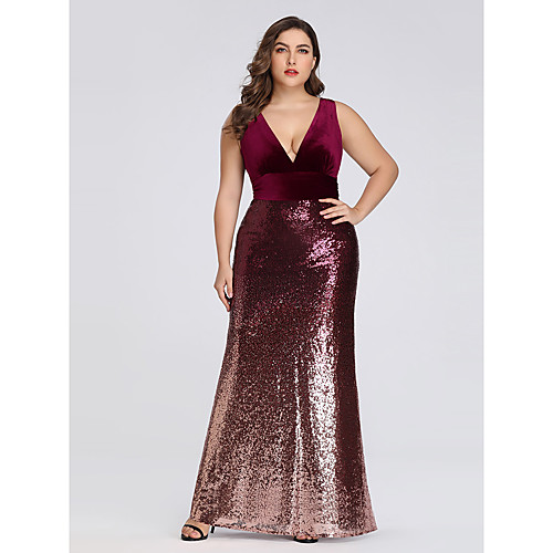 

Mermaid / Trumpet Color Block Plus Size Engagement Formal Evening Dress V Neck Sleeveless Floor Length Velvet with Sequin 2021