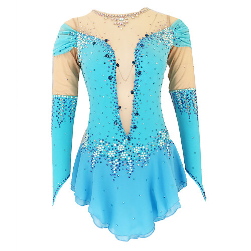 

21Grams Figure Skating Dress Women's Girls' Ice Skating Dress Blue Open Back Spandex Stretch Yarn High Elasticity Training Skating Wear Solid Colored Classic Crystal / Rhinestone Long Sleeve Ice