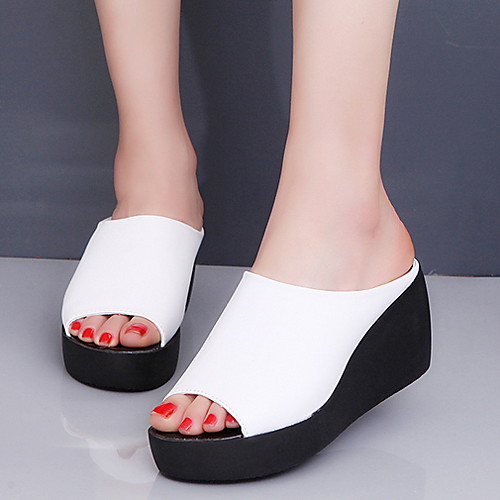 

Women's Slippers & Flip-Flops Flat Heel Round Toe PU Summer Black / White