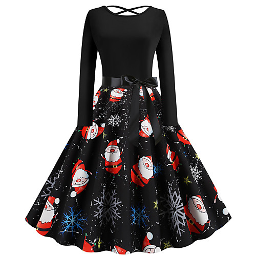 

Women's Swing Dress Knee Length Dress Black Long Sleeve Geometric Patchwork Print Fall Round Neck Vintage Christmas 2021 S M L XL XXL