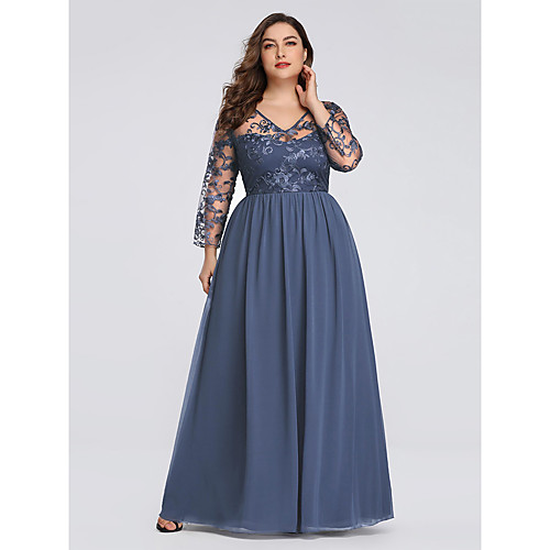 

A-Line Plus Size Wedding Guest Formal Evening Dress V Neck 3/4 Length Sleeve Floor Length Chiffon Lace with Pleats Appliques 2021