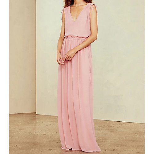 

A-Line V Neck Floor Length Chiffon Bridesmaid Dress with Pleats