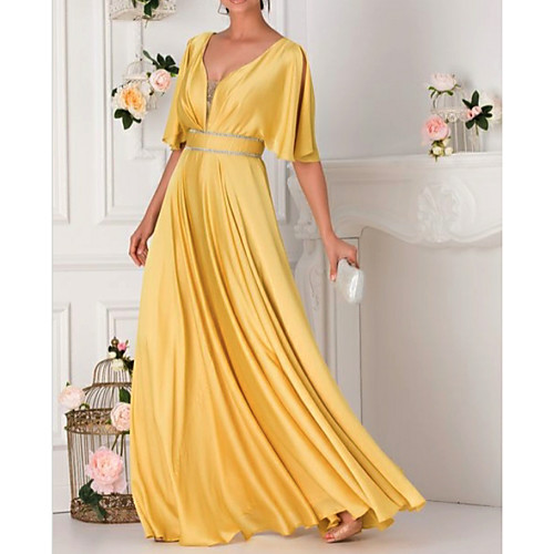 

A-Line Elegant Formal Evening Dress Plunging Neck Half Sleeve Floor Length Satin with Crystals 2021