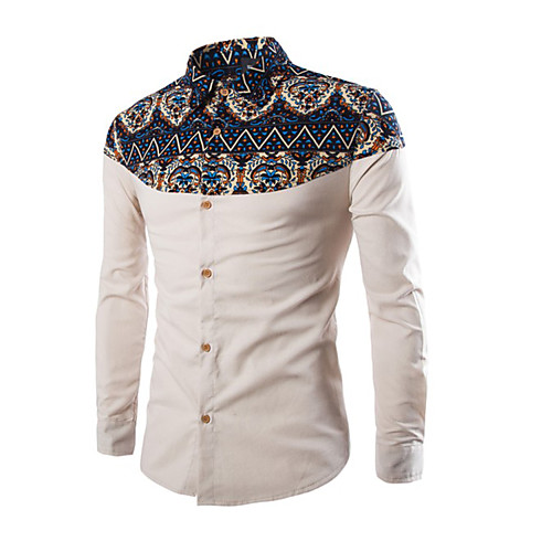 

Men's Shirt Color Block Tribal Patchwork Print Long Sleeve Daily Tops Basic Boho Black Navy Blue Beige