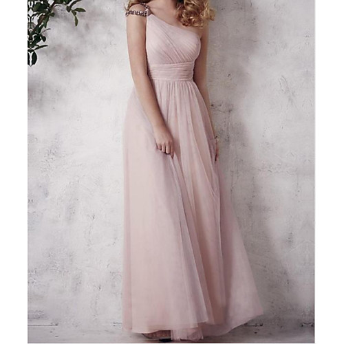 

A-Line One Shoulder Floor Length Tulle Bridesmaid Dress with Pleats