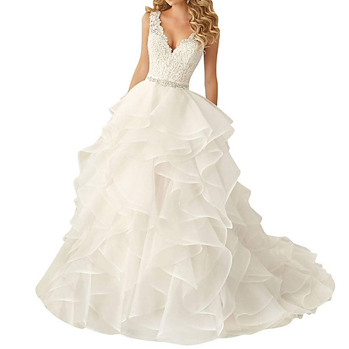 

A-Line Wedding Dresses V Neck Sweep / Brush Train Polyester Regular Straps Glamorous Backless with Sashes / Ribbons Cascading Ruffles 2021