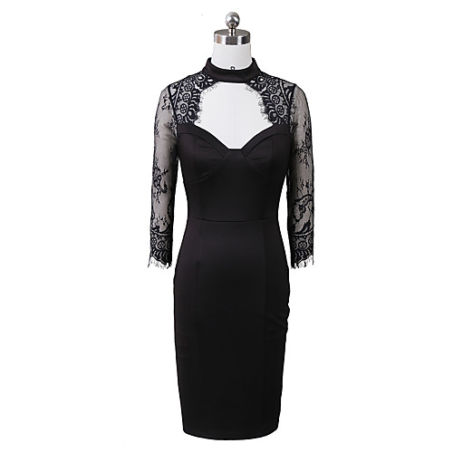 

Women's Bodycon Dress - 3/4 Length Sleeve Solid Colored Lace Mesh Hole Crew Neck Elegant Sophisticated Party / Evening Night out&Special occasion Black S M L XL XXL XXXL / Cotton