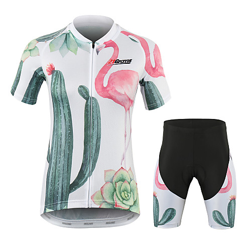 

21Grams Flamingo Floral Botanical Cactus Women's Short Sleeve Cycling Jersey with Shorts - White Bike Clothing Suit Breathable Moisture Wicking Quick Dry Sports 100% Polyester Mountain Bike MTB Road